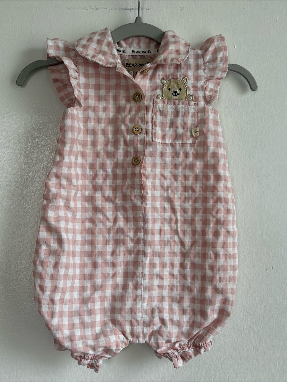 BEARPAW Pink White Gingham Collared Ruffle Bear Pocket Romper 3-6 Months